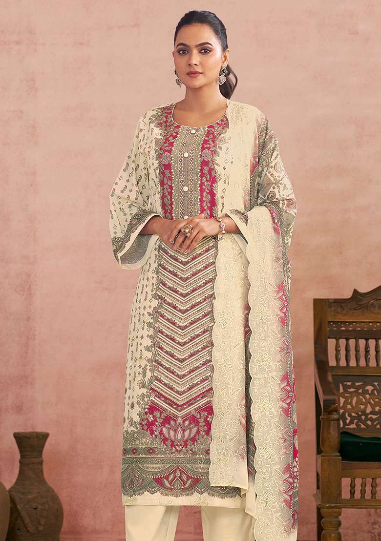 Off White Printed Cotton Pakistani Suit Set - Indya
