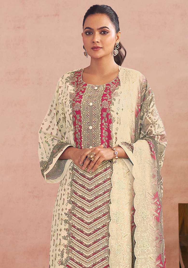 Off White Printed Cotton Pakistani Suit Set - Indya