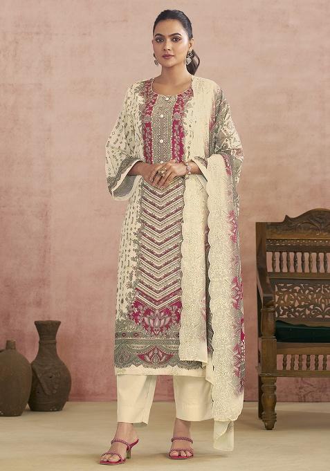 Off White Printed Cotton Blend Kurta Set