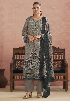 Grey Printed Cotton Blend Kurta Set