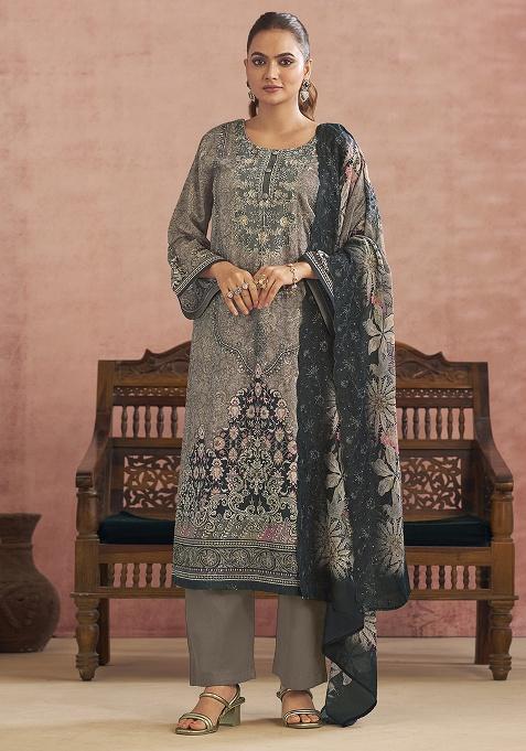 Grey Printed Cotton Blend Kurta Set