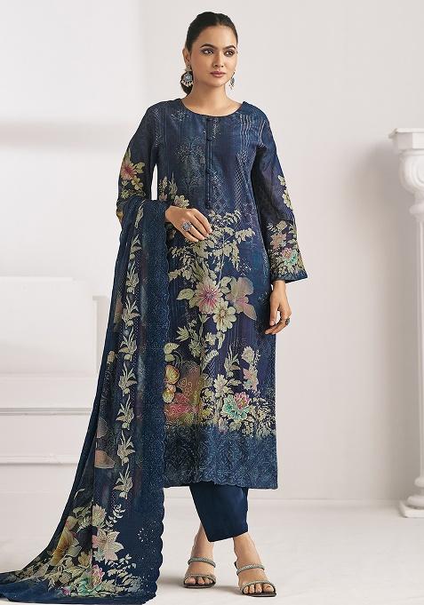 Navy Blue Printed Cotton Blend Kurta Set