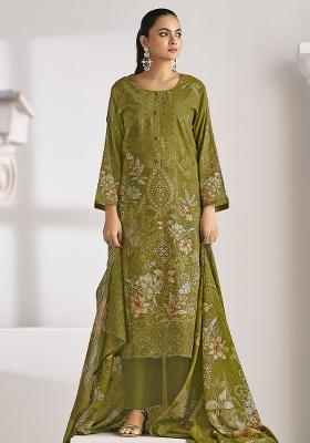 Olive Printed Cotton Blend Kurta Set