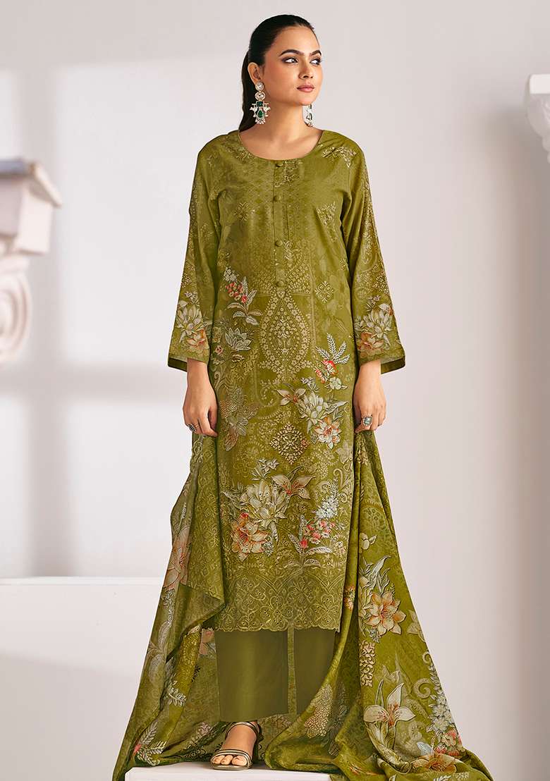 Olive Printed Blended Pakistani Suit Set - Indya