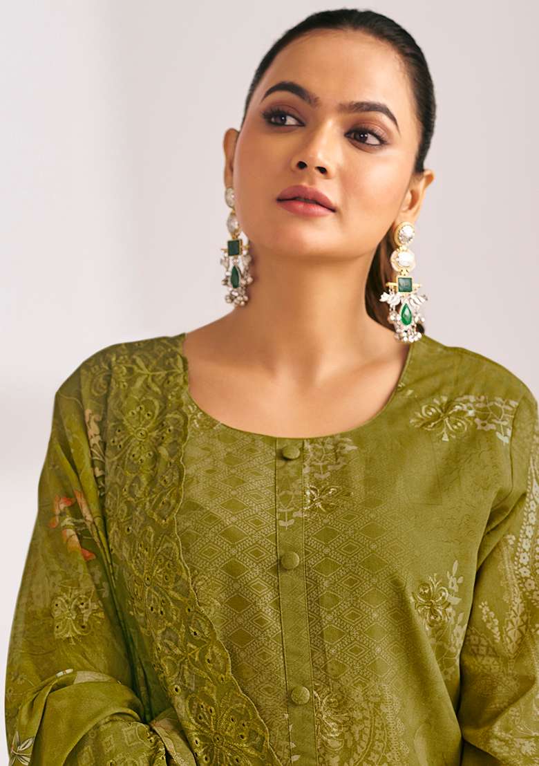 Olive Printed Blended Pakistani Suit Set - Indya