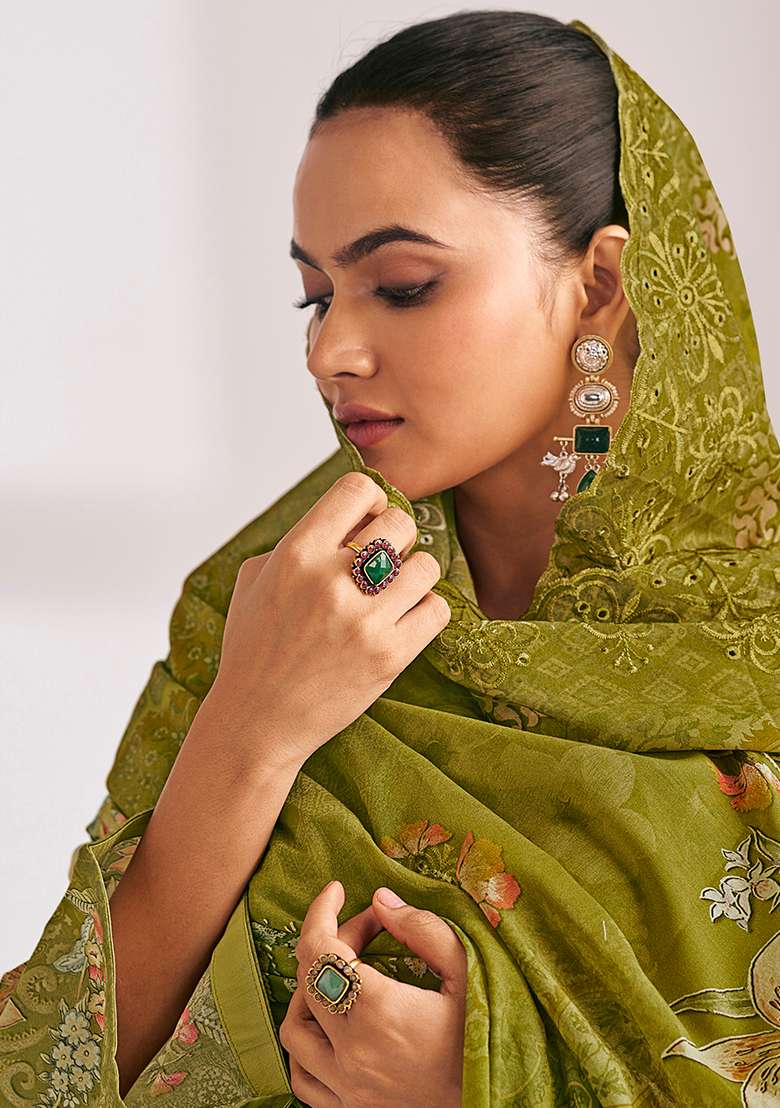 Olive Printed Blended Pakistani Suit Set - Indya