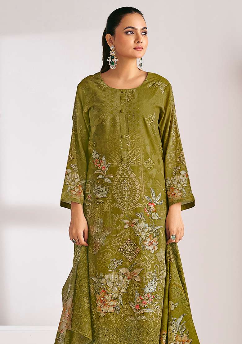 Olive Printed Blended Pakistani Suit Set - Indya