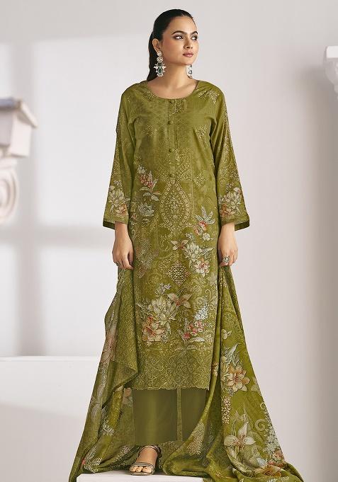 Olive Printed Cotton Blend Kurta Set