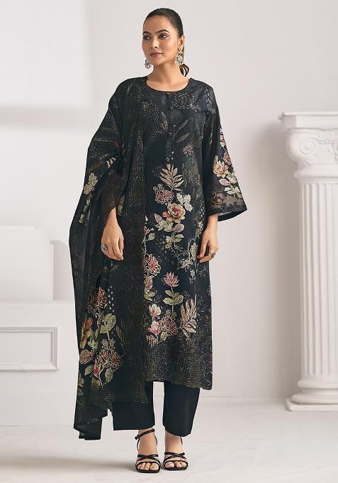 Black Printed Cotton Blend Kurta Set