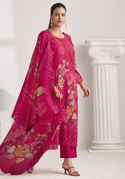 Magenta Printed Cotton Blend Kurta Set