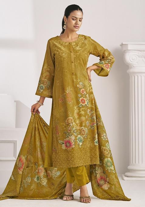 Mustard Printed Cotton Blend Kurta Set