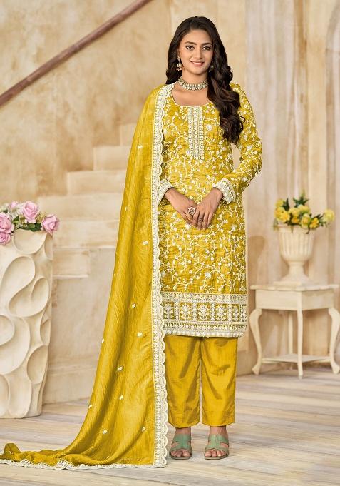 Yellow Embroidery Organza Salwar Suit