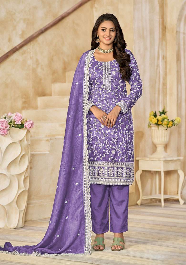 Purple Embroidered Organza Straight Kurta Set - Indya