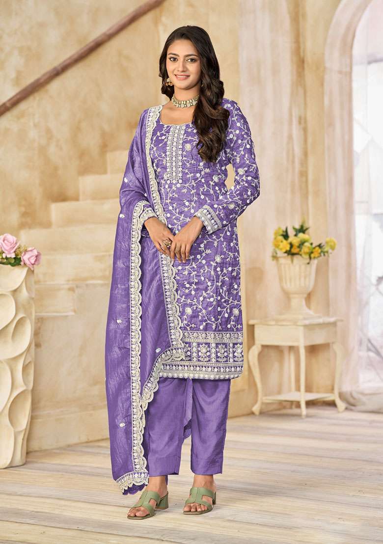 Purple Embroidered Organza Straight Kurta Set - Indya
