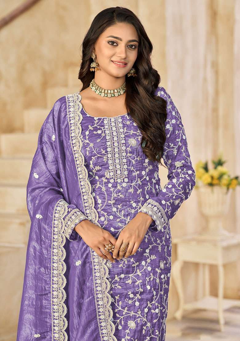 Purple Embroidered Organza Straight Kurta Set - Indya