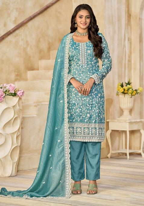 Aqua Blue Embroidery Organza Salwar Suit
