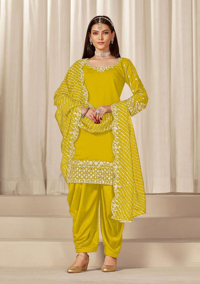 Yellow Embroidered Silk Blend Punjabi Suit - Indya