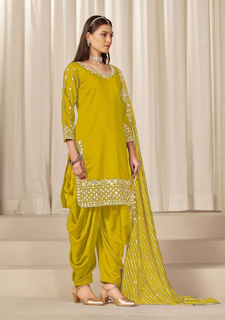 Yellow Embroidered Silk Blend Punjabi Suit - Indya
