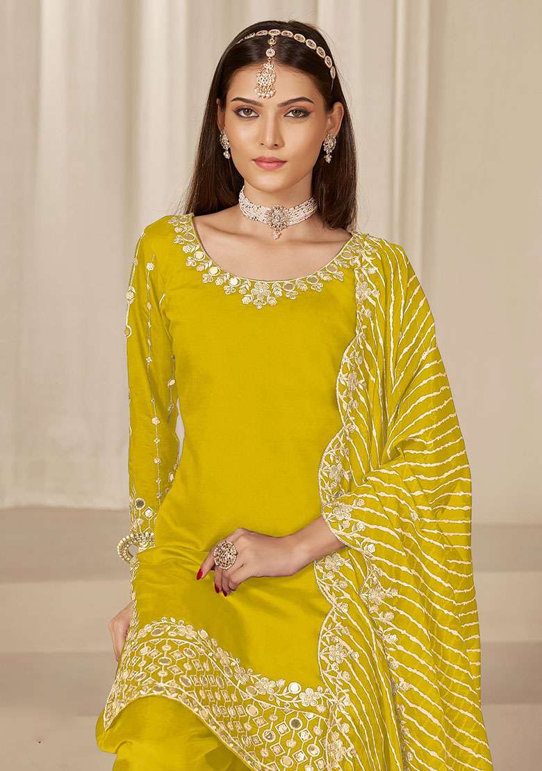 Yellow Embroidered Silk Blend Punjabi Suit - Indya