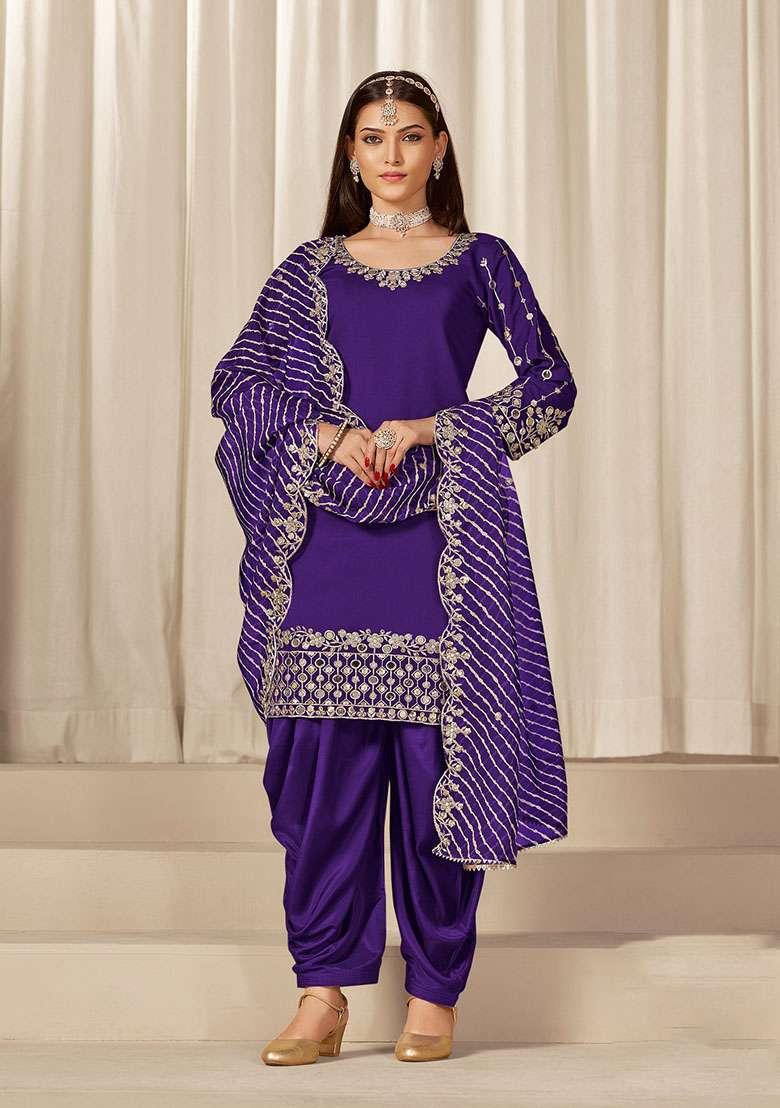 Purple Embroidered Silk Blend Punjabi Suit - Indya