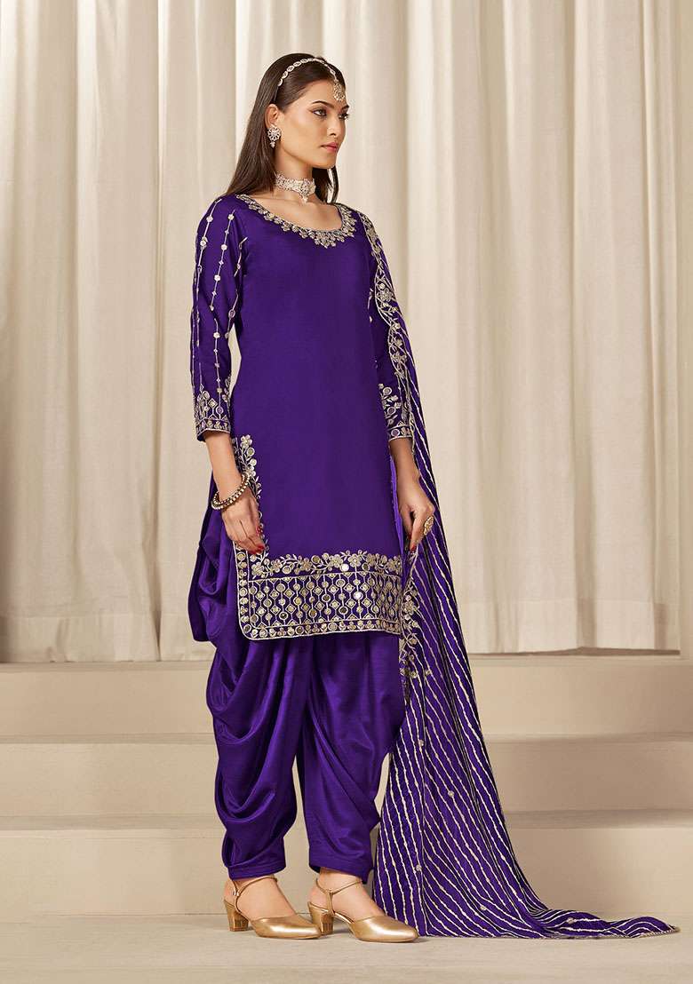 Purple Embroidered Silk Blend Punjabi Suit - Indya