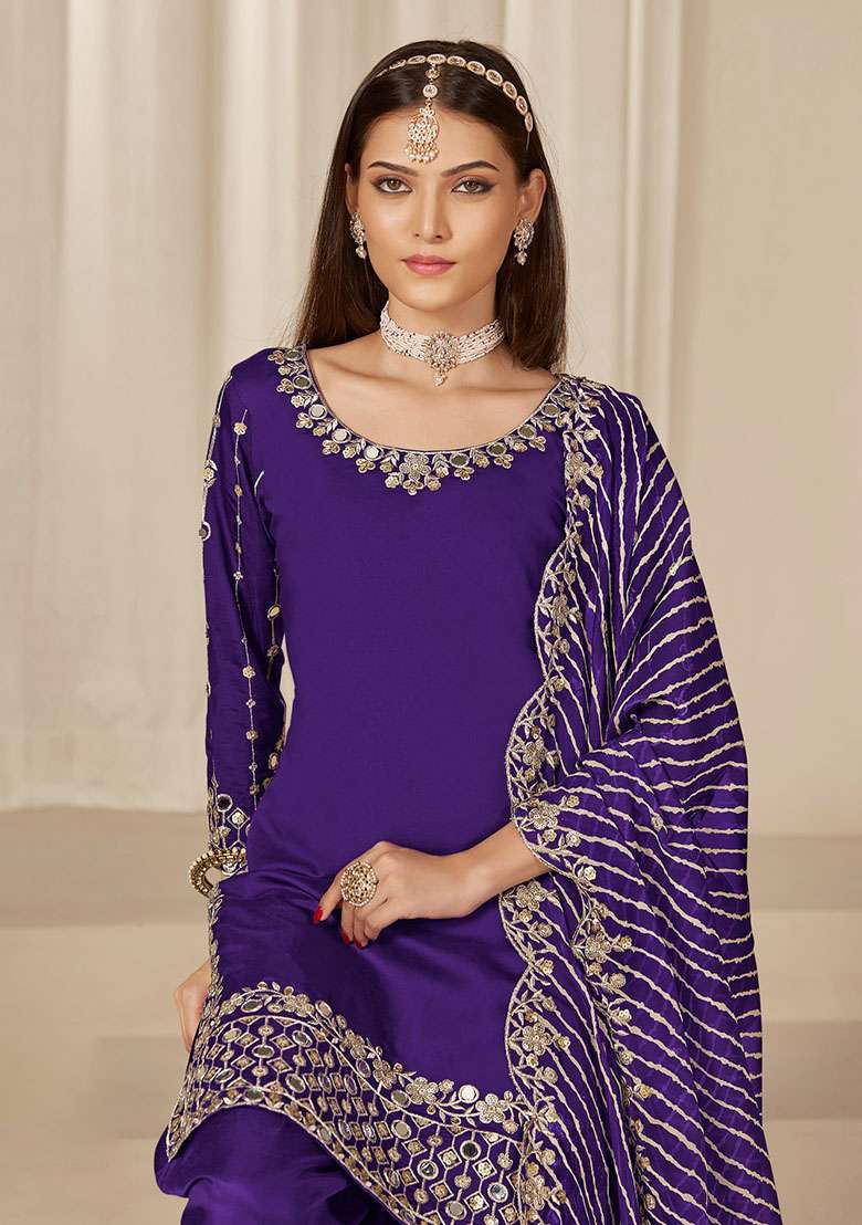 Purple Embroidered Silk Blend Punjabi Suit - Indya