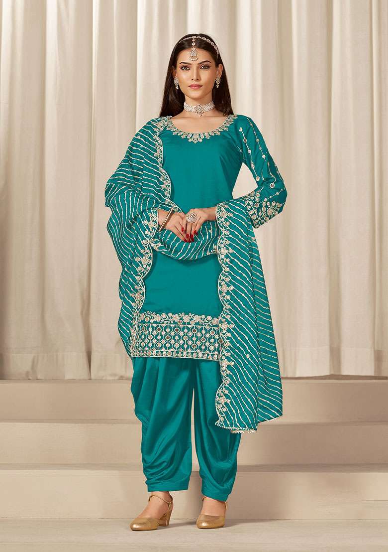 Turquoise Embroidered Silk Blend Punjabi Suit - Indya