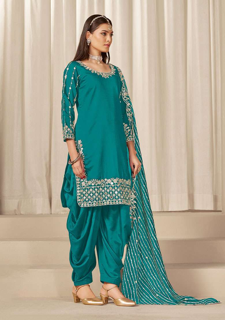 Turquoise Embroidered Silk Blend Punjabi Suit - Indya