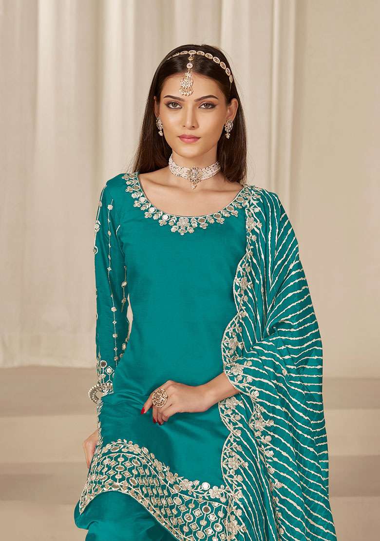 Turquoise Embroidered Silk Blend Punjabi Suit - Indya