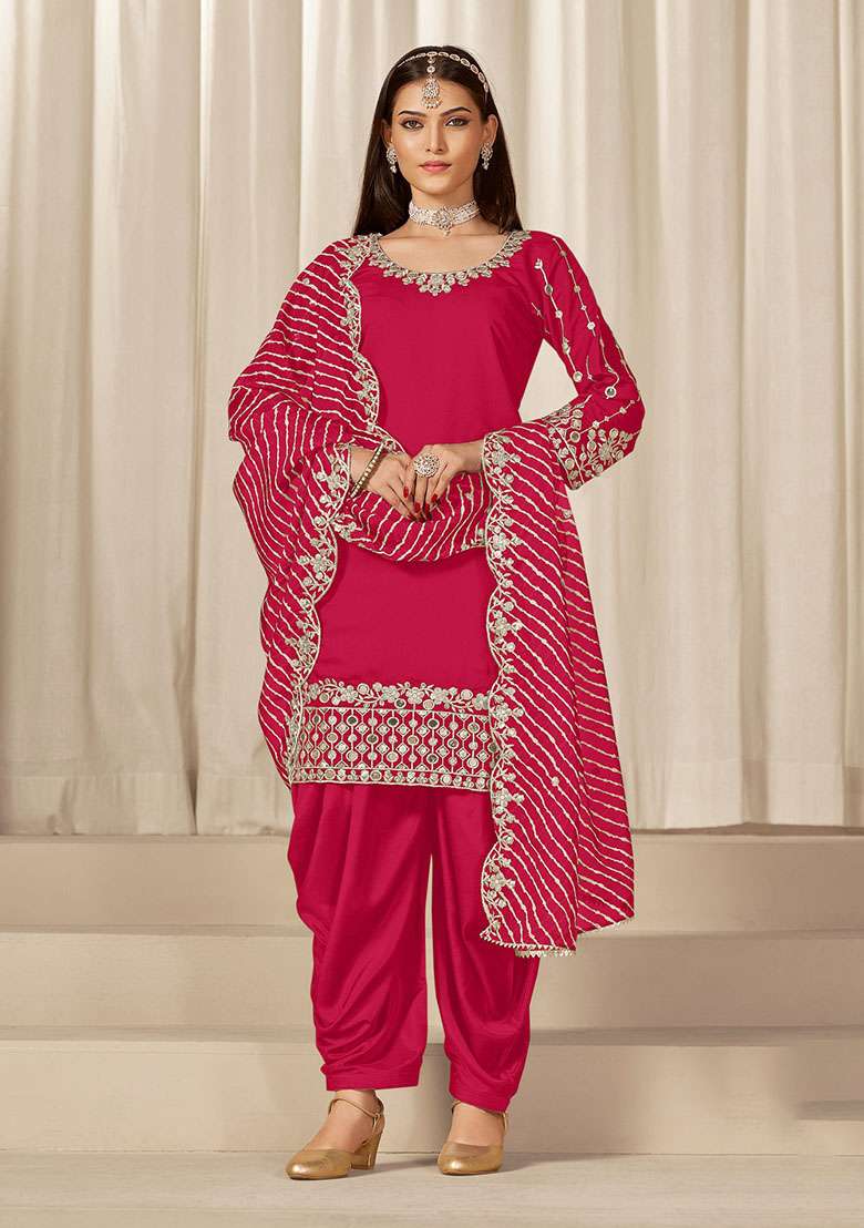 Red Embroidered Silk Blend Punjabi Suit - Indya