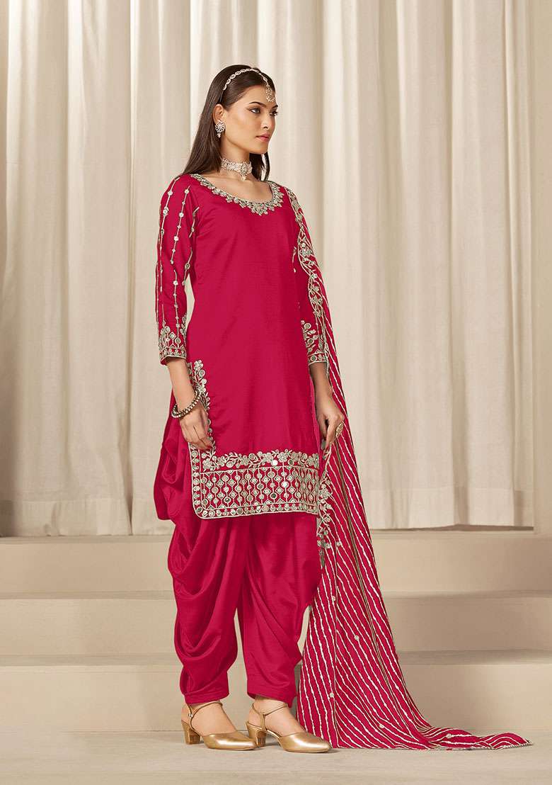 Red Embroidered Silk Blend Punjabi Suit - Indya