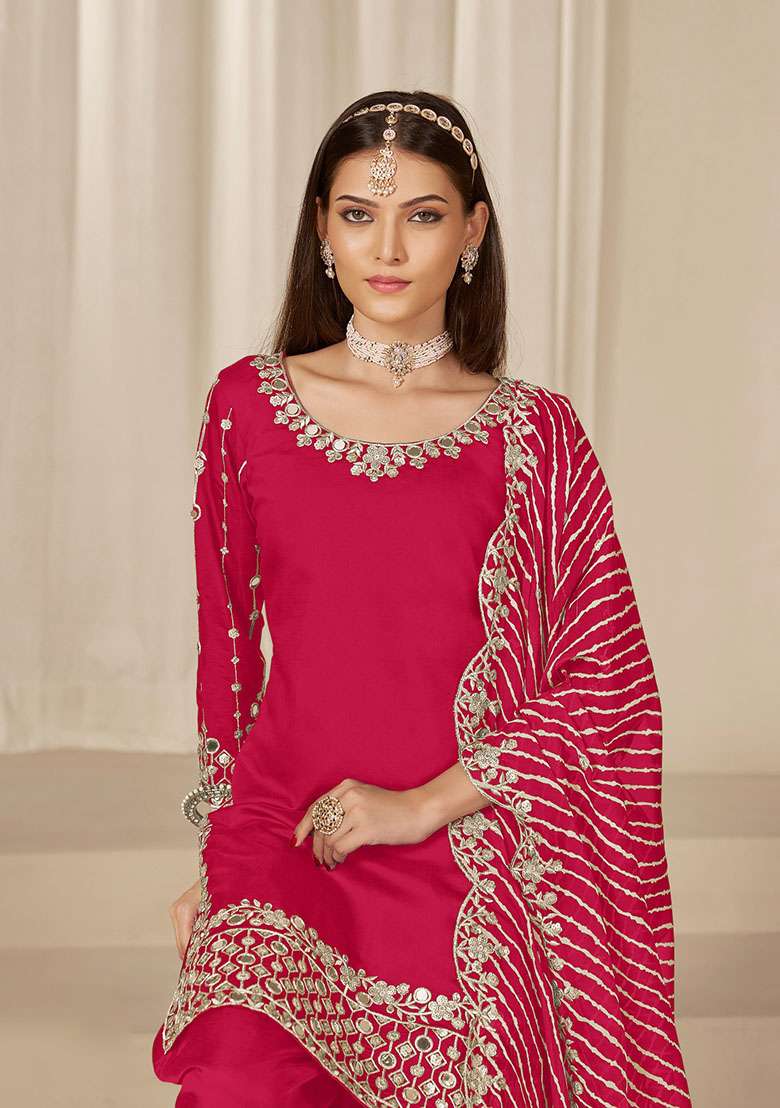 Red Embroidered Silk Blend Punjabi Suit - Indya