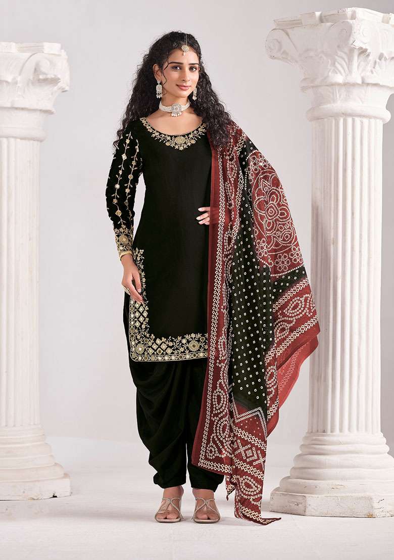 Black Embroidered Silk Blend Punjabi Suit - Indya