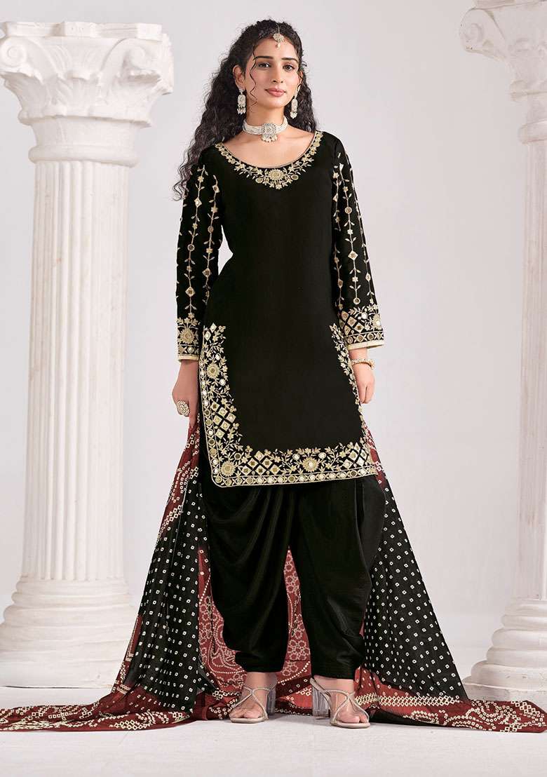 Black Embroidered Silk Blend Punjabi Suit - Indya