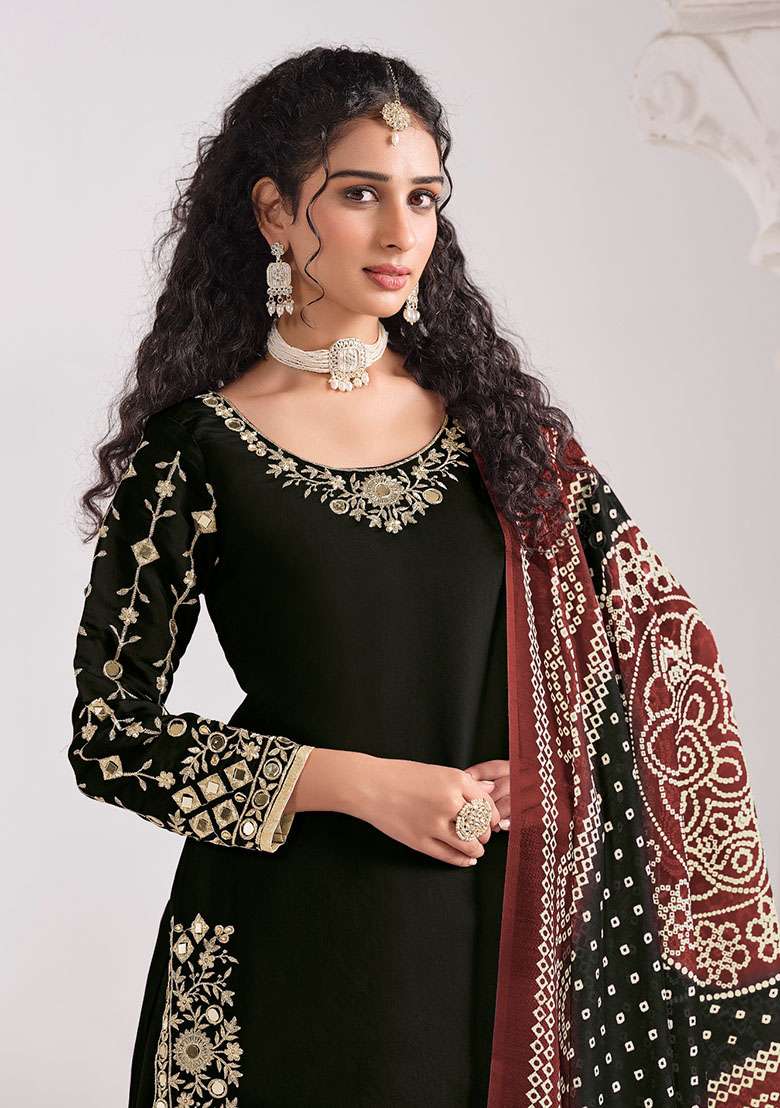 Black Embroidered Silk Blend Punjabi Suit - Indya
