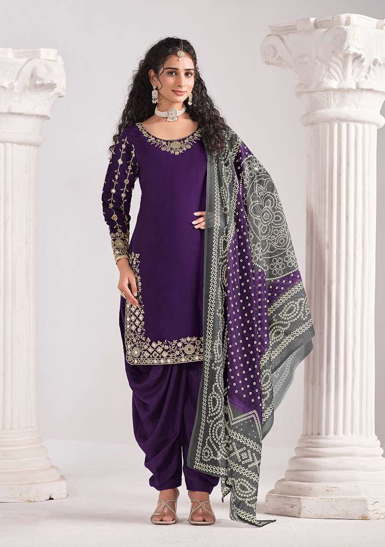 Purple Embroidered Silk Blend Punjabi Suit - Indya