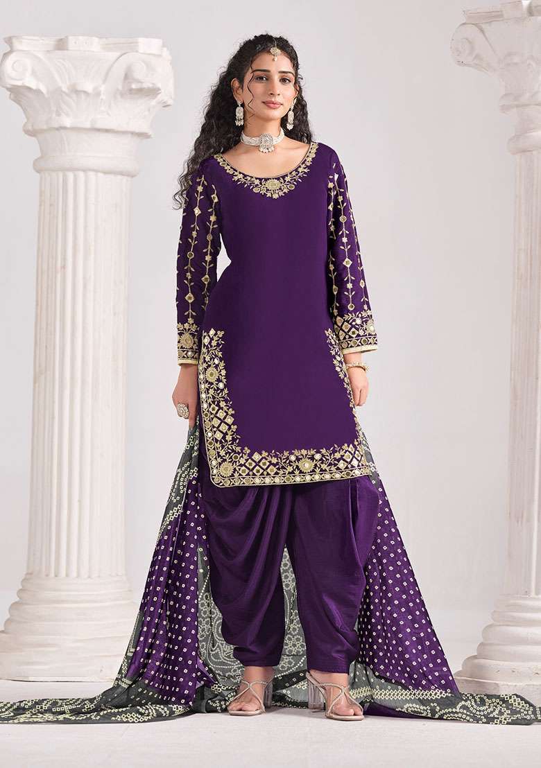Purple Embroidered Silk Blend Punjabi Suit - Indya