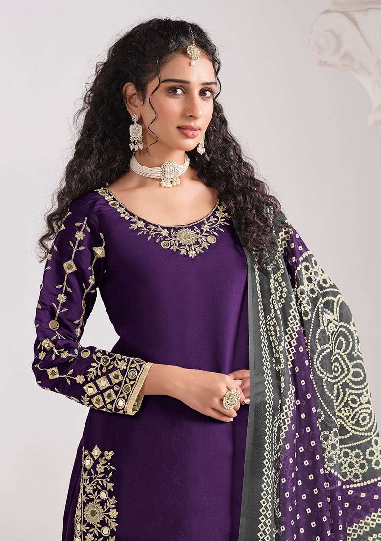 Purple Embroidered Silk Blend Punjabi Suit - Indya