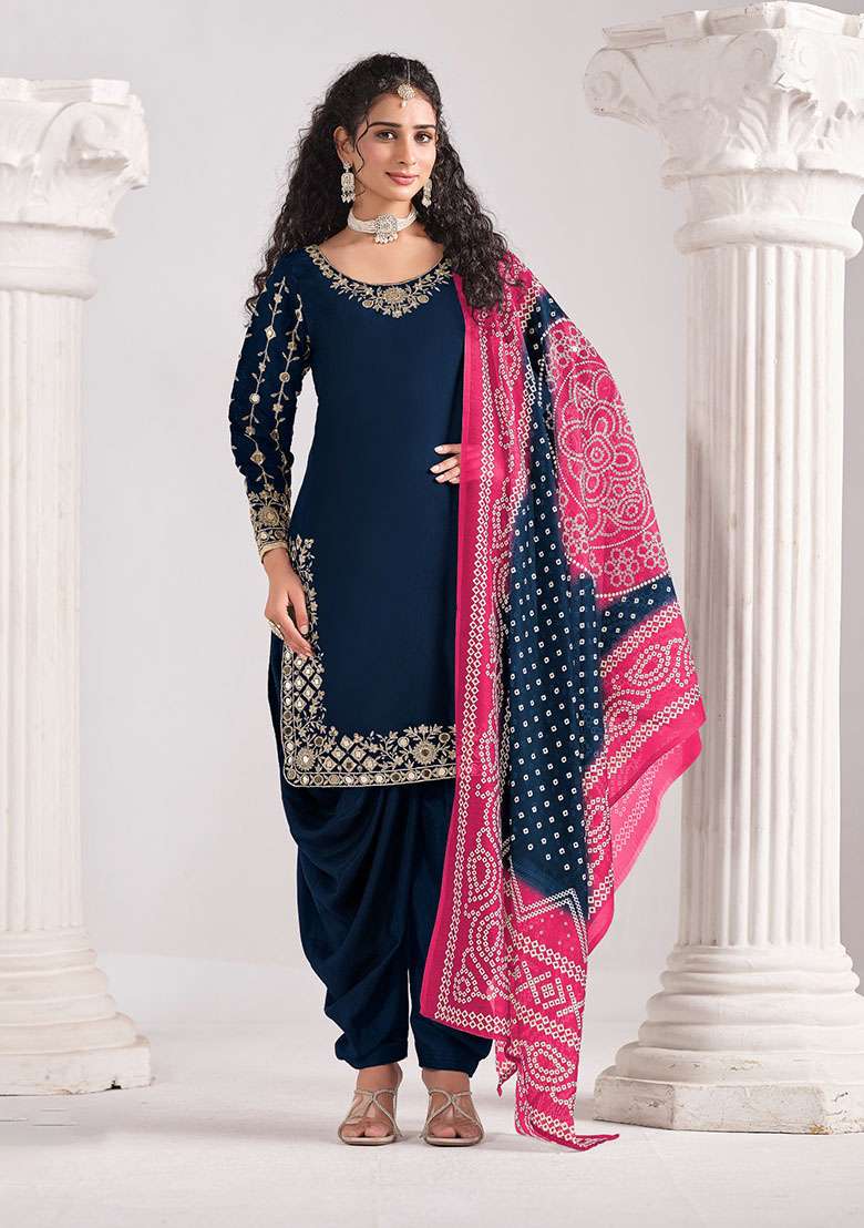 Navy Blue Embroidered Silk Blend Punjabi Suit - Indya