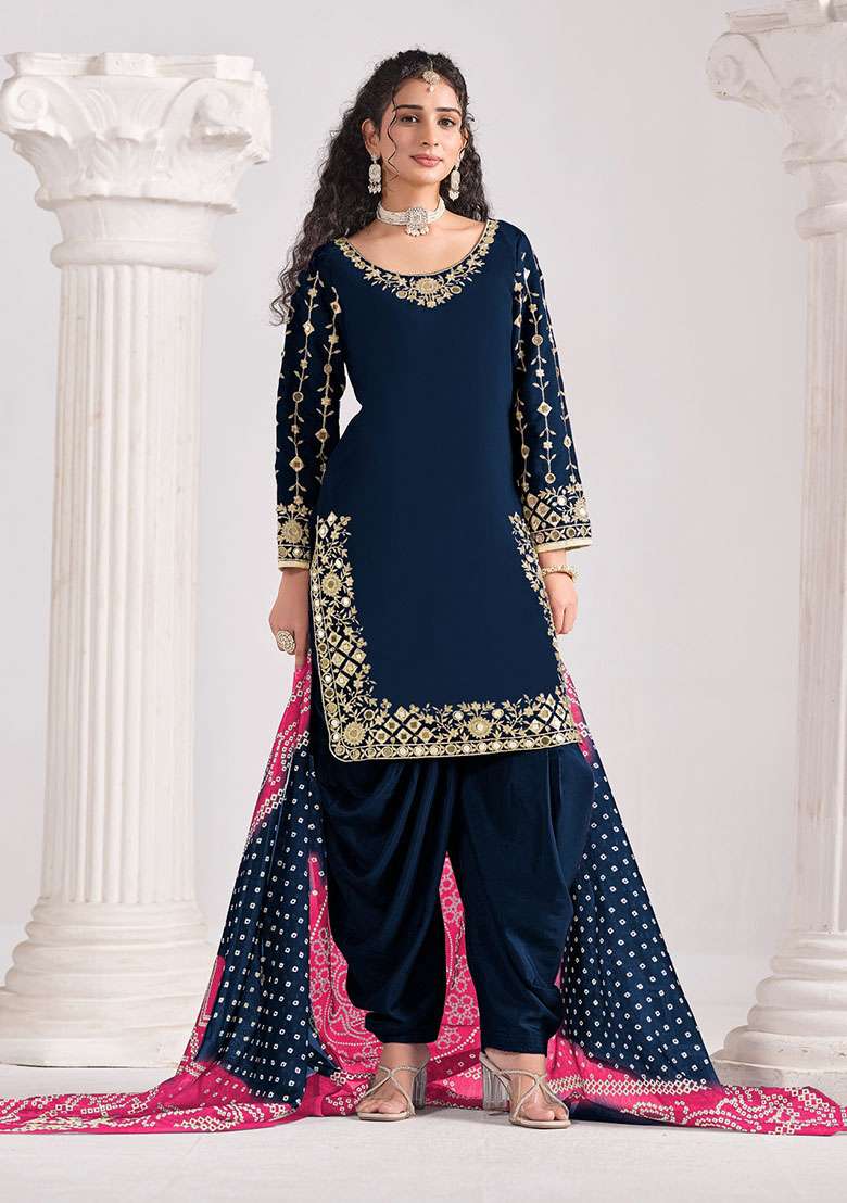 Navy Blue Embroidered Silk Blend Punjabi Suit - Indya