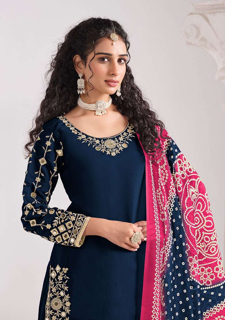 Navy Blue Embroidered Silk Blend Punjabi Suit - Indya