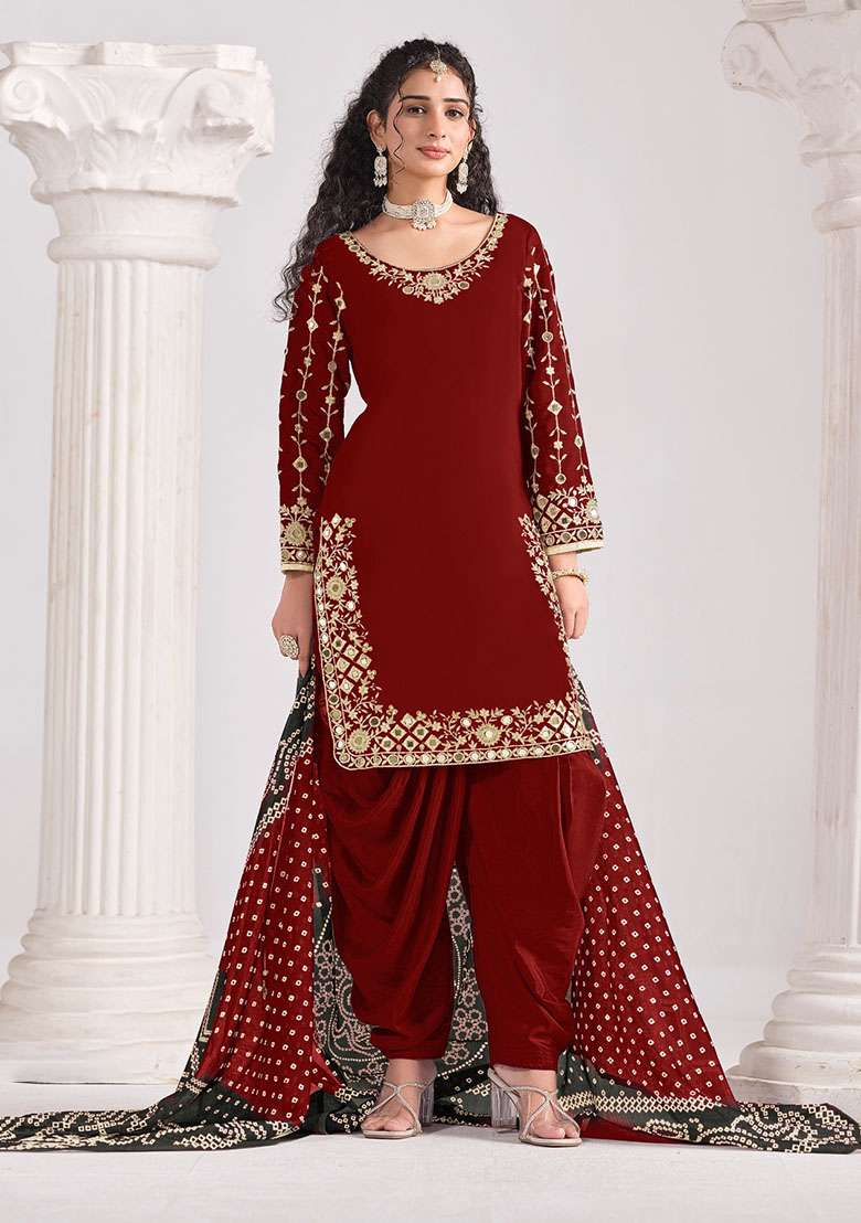 Red Embroidered Silk Blend Punjabi Suit - Indya