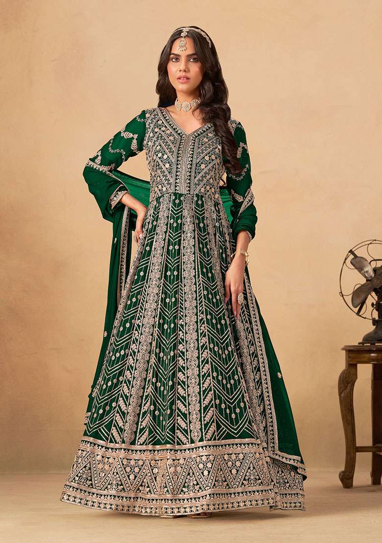 Green Embroidered Georgette Anarkali Set - Indya