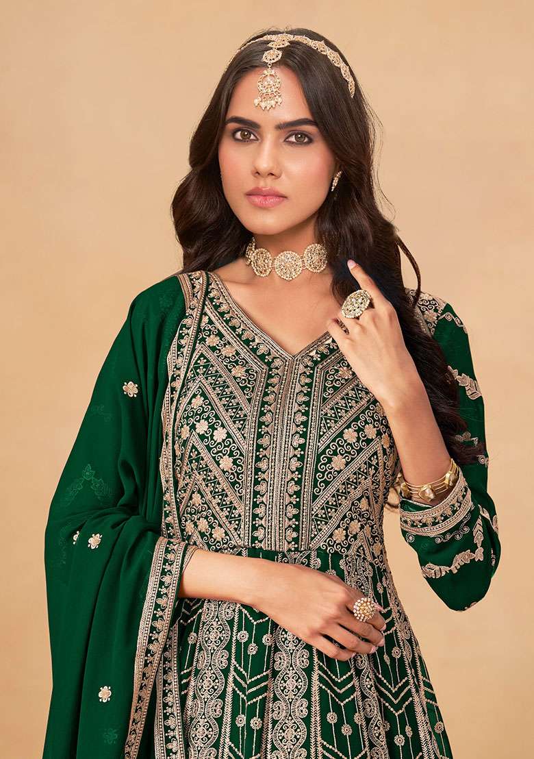 Green Embroidered Georgette Anarkali Set - Indya