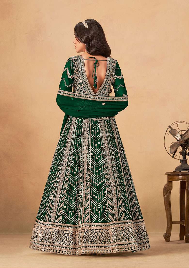 Green Embroidered Georgette Anarkali Set - Indya