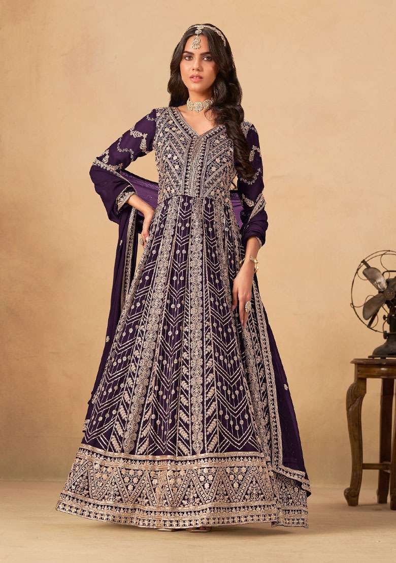 Wine Embroidered Georgette Anarkali Set - Indya