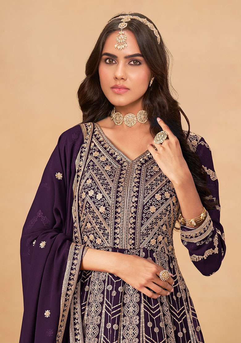 Wine Embroidered Georgette Anarkali Set - Indya
