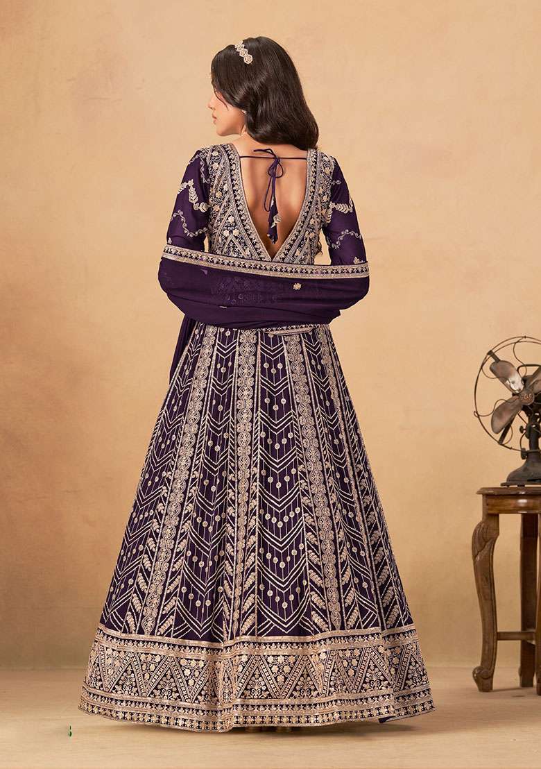 Wine Embroidered Georgette Anarkali Set - Indya