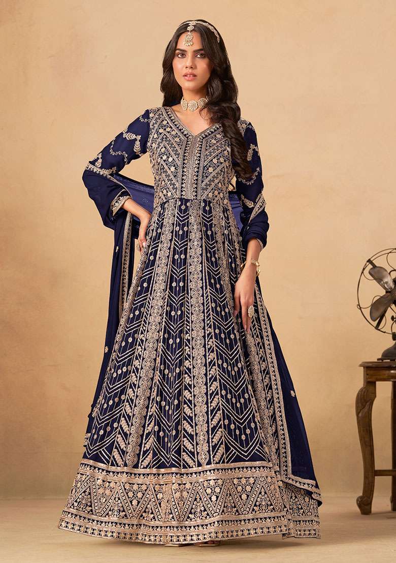 Navy Blue Embroidered Georgette Anarkali Set - Indya