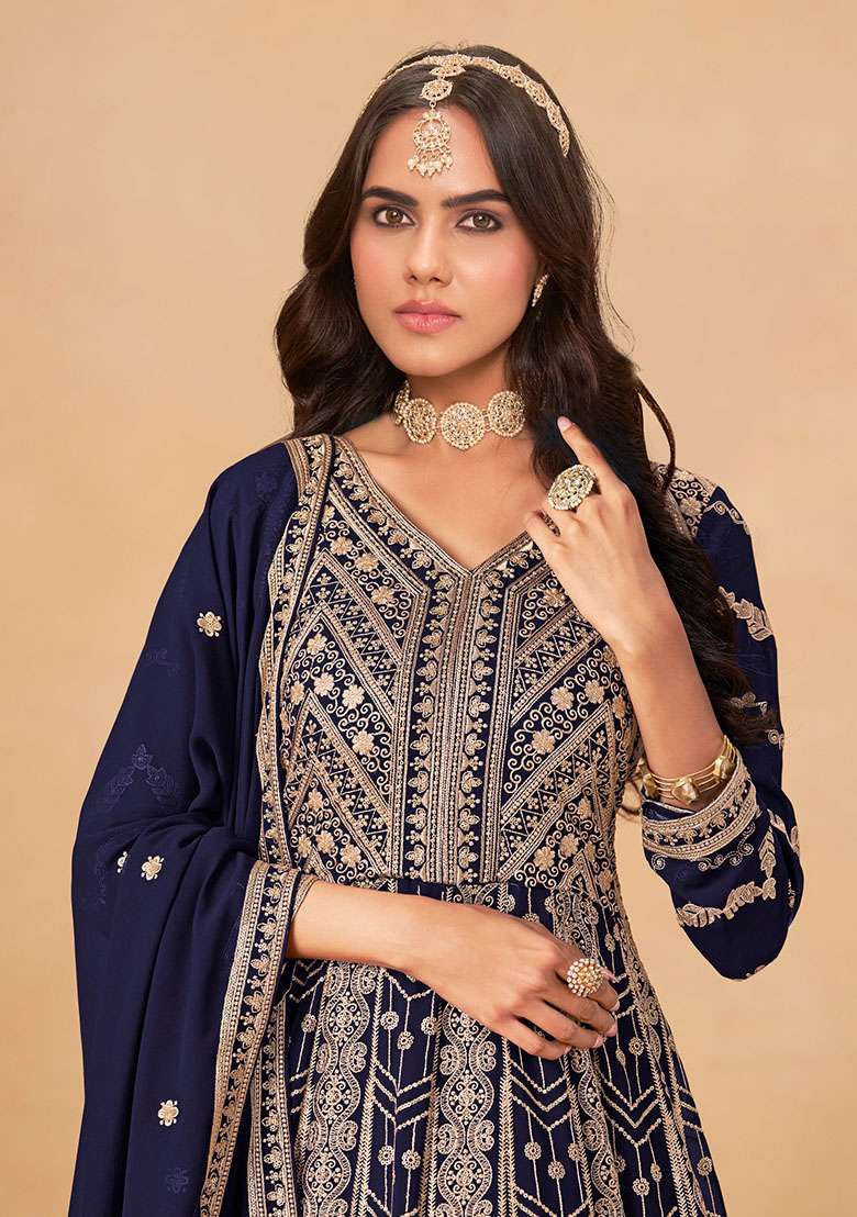 Navy Blue Embroidered Georgette Anarkali Set - Indya